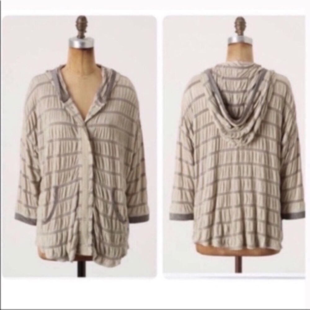 Anthropologie Tiny Banded Cirrus Hoodie Knit Jacket Cream Gray Medium - Picture 1 of 7